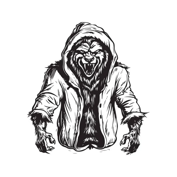 ジャケットとフード ベクトルコンセプトデジタルアート 手描きイラストを持つ狼男 — ストックベクタ