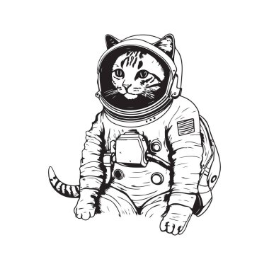 uzay giyimli kedi astronot, vektör konsepti dijital sanat, el çizimi illüstrasyon