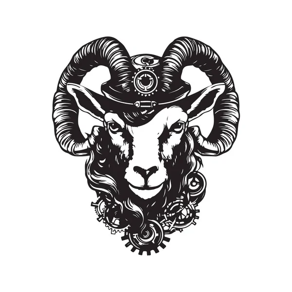 ヤギ頭スチームパンク ロゴコンセプト黒と白の色 手描きイラスト — ストックベクタ