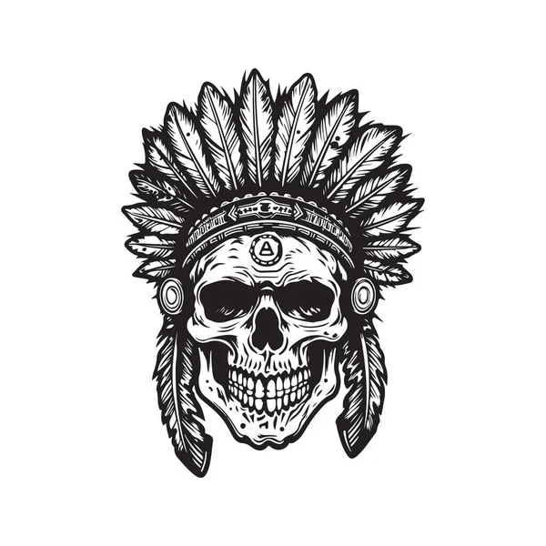 Crâne Indien Concept Logo Noir Blanc Illustration Dessinée Main — Image vectorielle