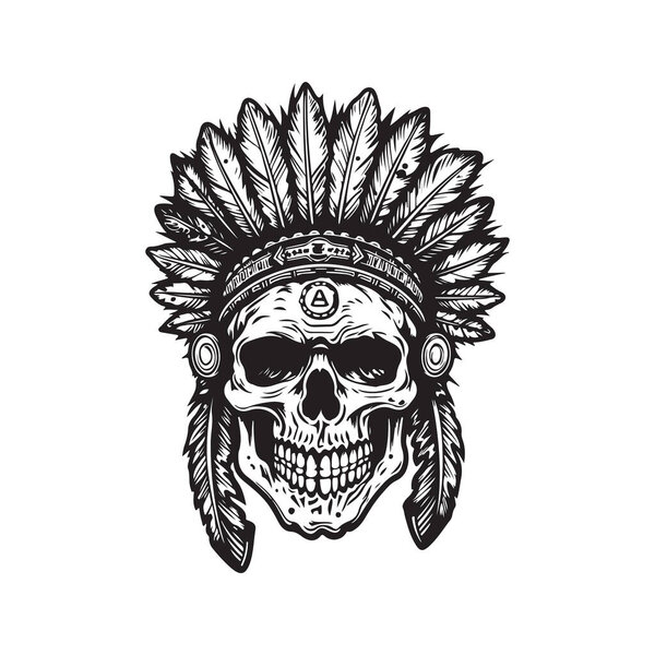 indian skull, logo concept black and white color, hand drawn illustration