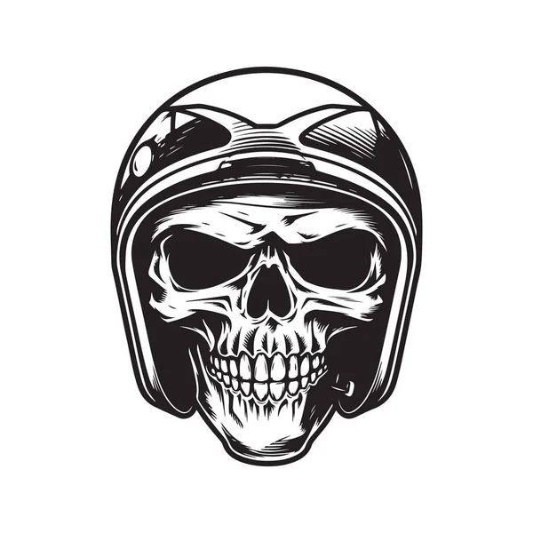 Totenkopf Biker Mit Helm Logo Konzept Schwarz Weiß Handgezeichnete Illustration — Stockvektor