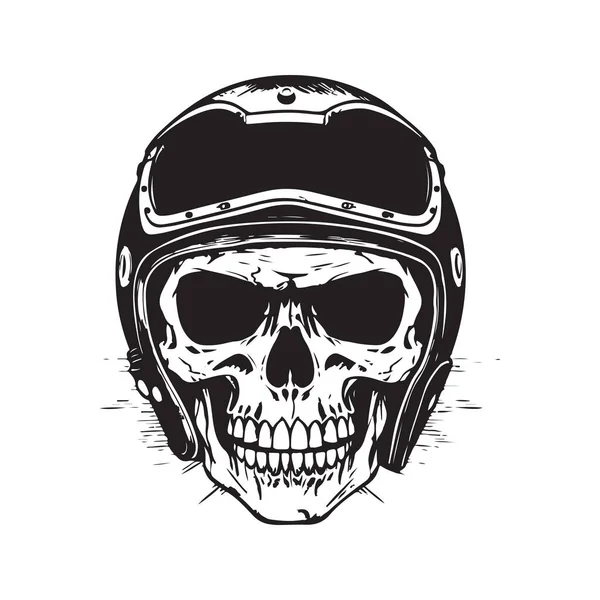 Crâne Motard Avec Casque Rétro Concept Logo Noir Blanc Illustration — Image vectorielle