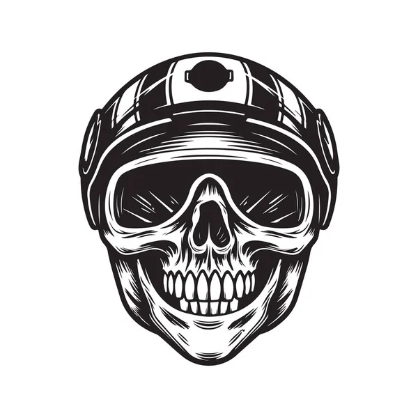 Motorista Cráneo Con Casco Retro Concepto Logotipo Color Blanco Negro — Vector de stock