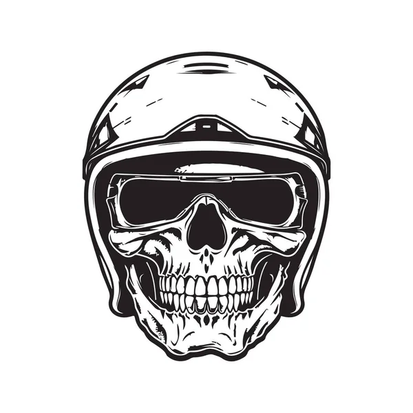 Totenkopf Biker Mit Retro Helm Logo Konzept Schwarz Weiß Handgezeichnete — Stockvektor