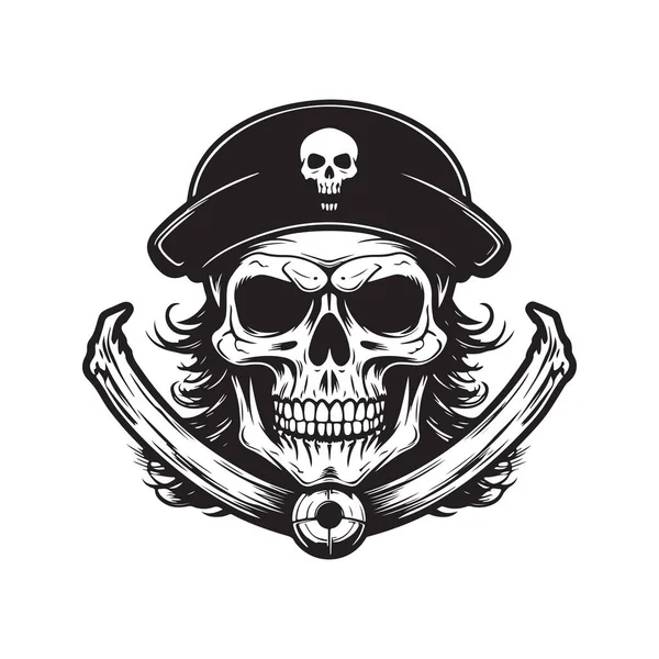 骷髅海盗 标志概念黑白颜色 手绘插图 — 图库矢量图片