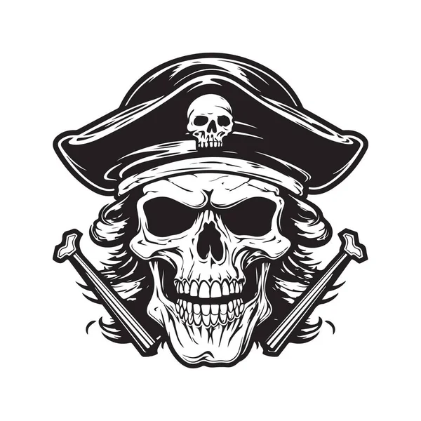 頭蓋骨の海賊ロゴのコンセプト黒と白手描きイラスト — ストックベクタ