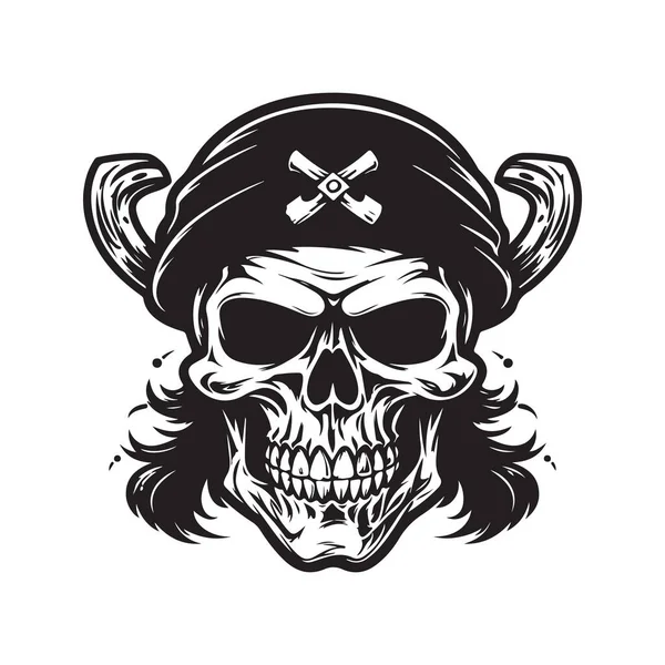 骷髅海盗 标志概念黑白颜色 手绘插图 — 图库矢量图片