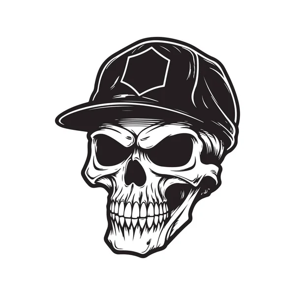 Totenkopf Mit Mütze Logokonzept Schwarz Weiß Handgezeichnete Illustration — Stockvektor