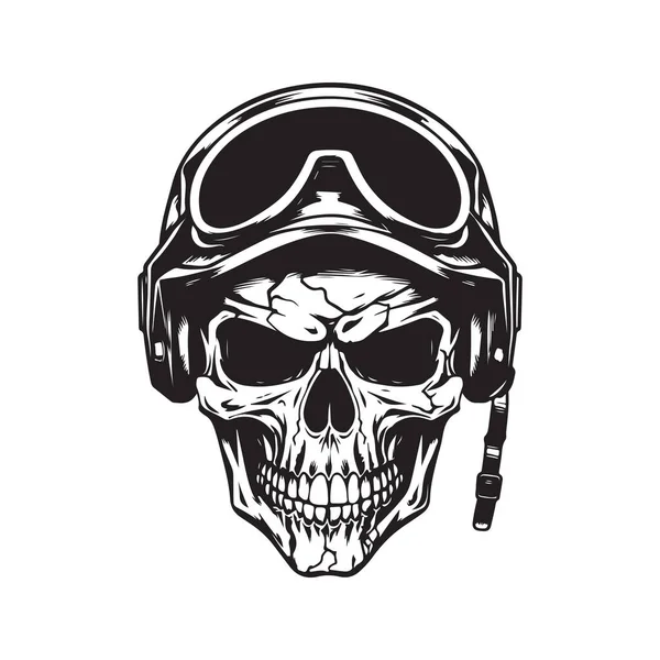 Cráneo Con Casco Militar Logo Concepto Color Blanco Negro Ilustración — Vector de stock