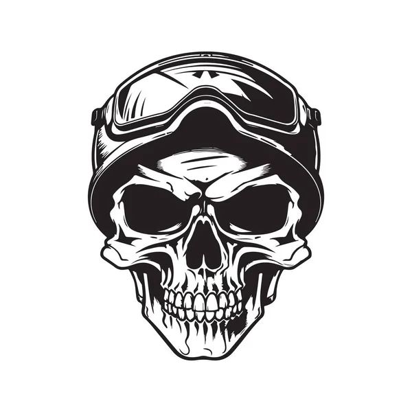 Czaszka Hełmem Wojskowym Koncepcja Logo Czarno Biały Kolor Ręcznie Rysowane — Wektor stockowy