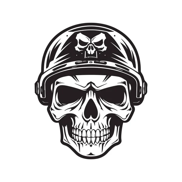 Череп Военным Шлемом Концепция Логотипа Черно Белый Цвет Ручная Иллюстрация — стоковый вектор