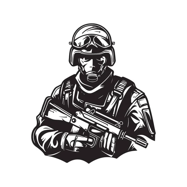 兵士ロゴのコンセプト黒と白手描きイラスト — ストックベクタ