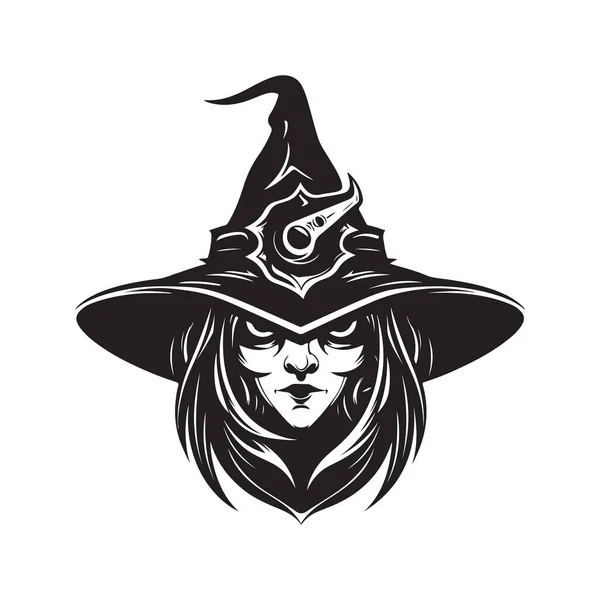 Cadı Logo Konsepti Siyah Beyaz Renk Çizimi Illüstrasyon — Stok Vektör