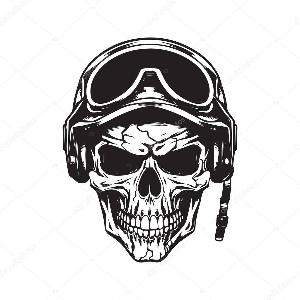 Skull with military helmet, logo concept black and white color, hand drawn illustration