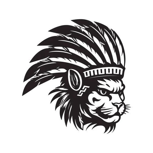 Indiaanse Kat Logo Concept Zwart Wit Kleur Met Hand Getekend — Stockvector