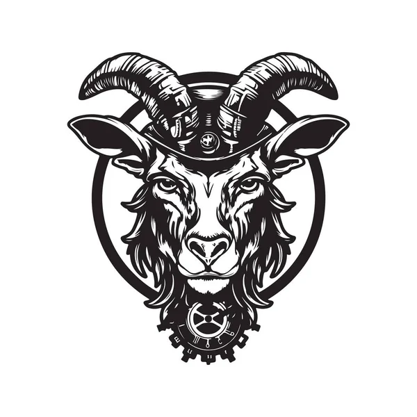 Chèvre Steampunk Logo Concept Noir Blanc Illustration Dessinée Main — Image vectorielle