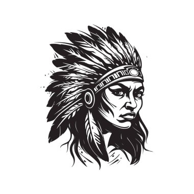 Kızılderili savaşçı kız, logo konsepti siyah beyaz, el çizimi çizimi