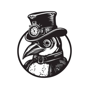 penguen steampunk, logo konsepti siyah beyaz renk, el çizimi illüstrasyon