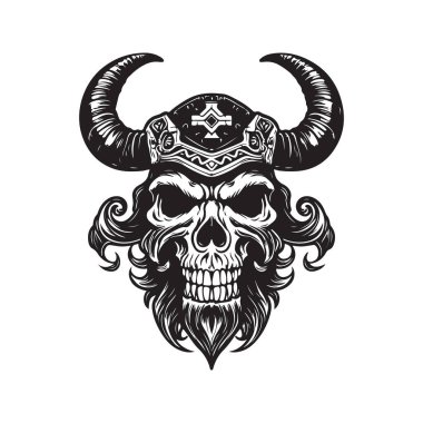 Viking kafatası, logo konsepti siyah beyaz renk, el çizimi illüstrasyon