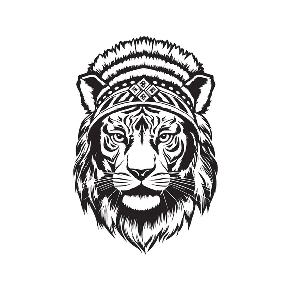 Indian Tiger Logo Concept Black White Color Hand Drawn Illustration — Stock Vector