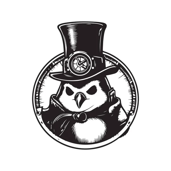 Pinguin Steampunk Logo Konzept Schwarz Weiß Handgezeichnete Illustration — Stockvektor