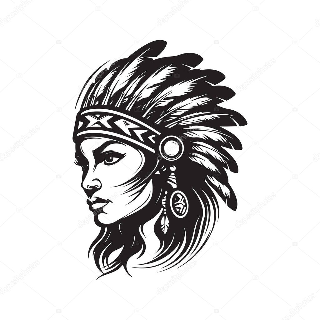 Indian warrior girl, logo concept black and white color, hand drawn illustration