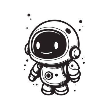 Sevimli astronot, logo konsepti siyah beyaz renk, el çizimi illüstrasyon