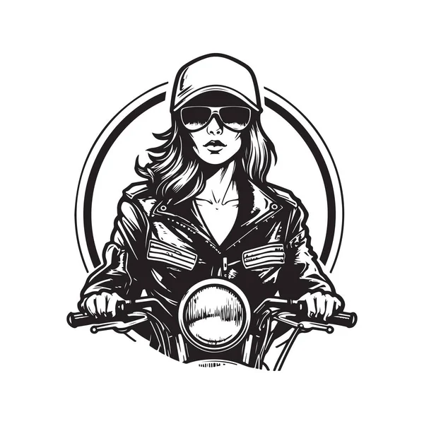 Belalı Motorcu Kız Logo Konsepti Siyah Beyaz Çizimi Illüstrasyon — Stok Vektör