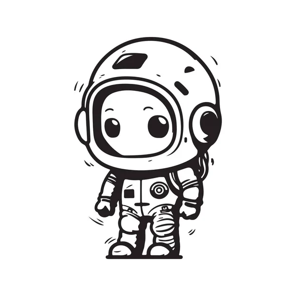 Cute Astronaut Logo Concept Black White Color Hand Drawn Illustration — Stock Vector