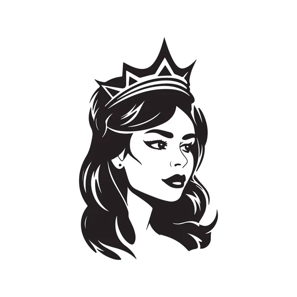 王冠を身に着けている美しい少女ロゴのコンセプト黒と白手描きイラスト — ストックベクタ