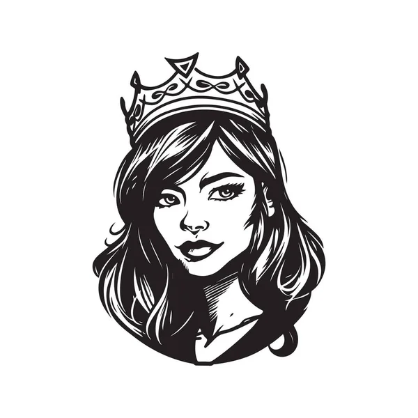 漂亮女孩头戴皇冠 标志概念黑白色彩 手绘插图 — 图库矢量图片