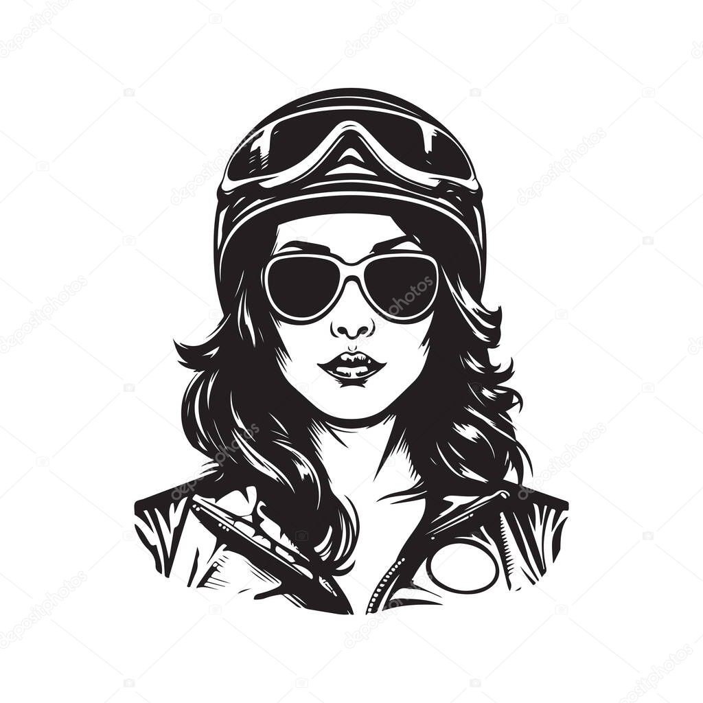 Badass biker girl, logo concept black and white color, hand drawn illustration