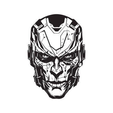 cyborg, logo konsepti siyah beyaz renk, el çizimi illüstrasyon