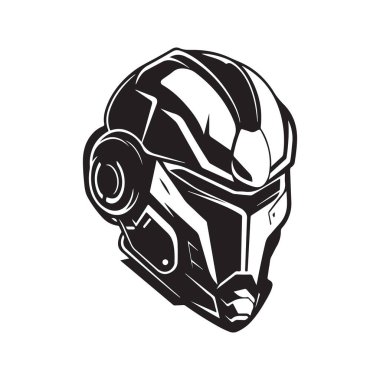 cyborg, logo konsepti siyah beyaz renk, el çizimi illüstrasyon