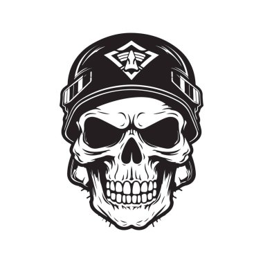 askeri kafatası, logo konsepti siyah beyaz renk, el çizimi illüstrasyon
