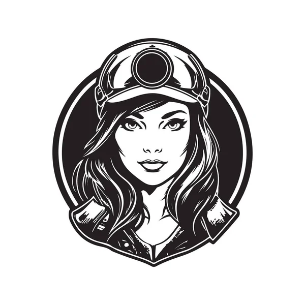 Motorista Femenino Concepto Logotipo Color Blanco Negro Ilustración Dibujada Mano — Vector de stock