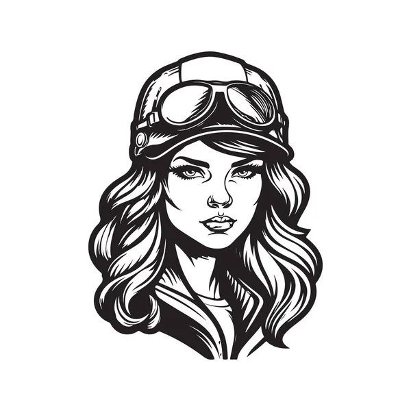 Motociclista Feminino Conceito Logotipo Cor Preto Branco Ilustração Desenhada Mão —  Vetores de Stock