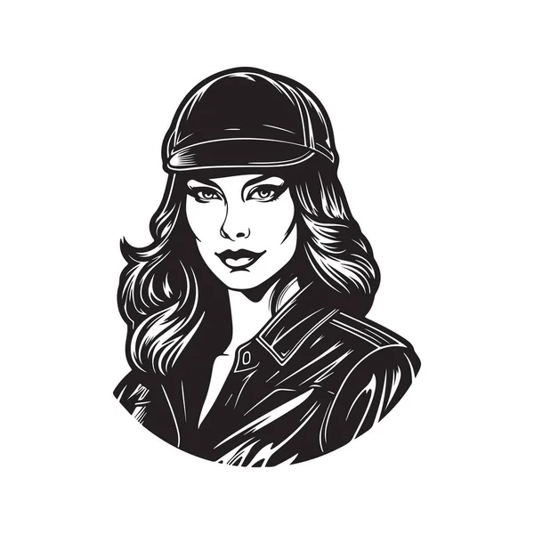 Motociclista Donna Logo Concept Colore Bianco Nero Illustrazione Disegnata Mano — Vettoriale Stock