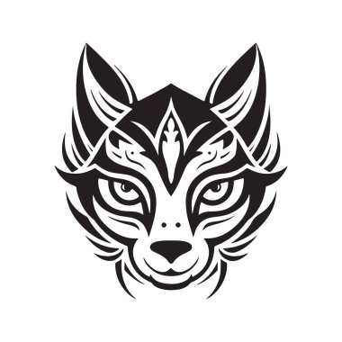 Japon kitsune maskesi, logo konsepti siyah beyaz, el çizimi illüstrasyon