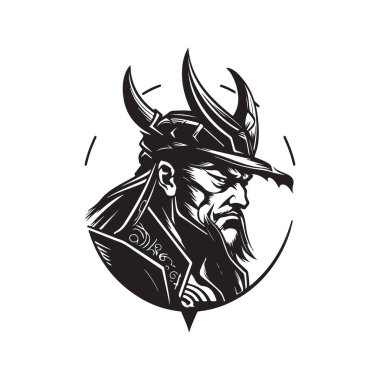 Japon samuray savaşçısı, logo konsepti siyah beyaz, el çizimi illüstrasyon