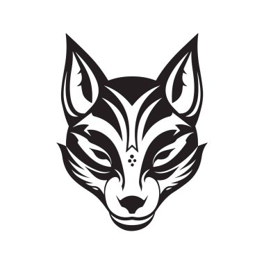 japanese kitsune mask, logo concept black and white color, hand drawn illustration clipart