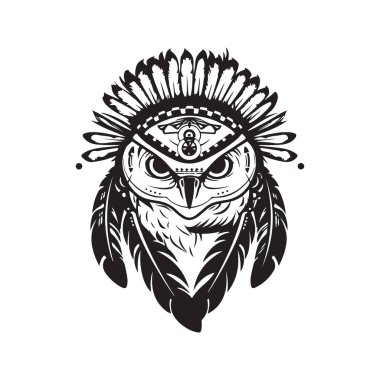 Baykuş Hint şef aksesuarları giyiyor, logo konsepti siyah beyaz, el çizimi illüstrasyon