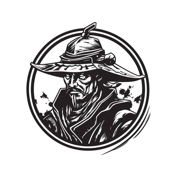 Guerrier Samouraï Japonais Concept Logo Noir Blanc Illustration Dessinée Main — Image vectorielle