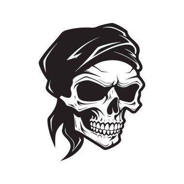 kafatası bandana, logo konsepti siyah beyaz, el çizimi illüstrasyon