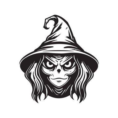 Ürkütücü cadı, logo konsepti siyah beyaz renk, el çizimi illüstrasyon