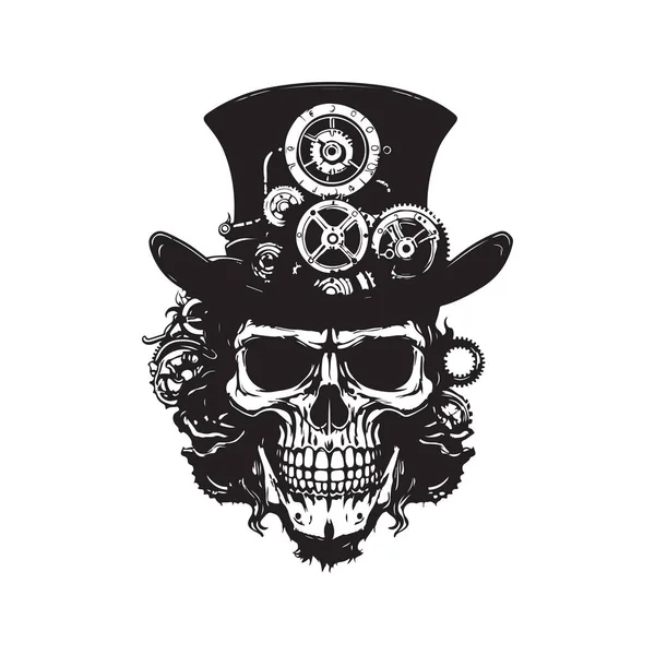 Crânio Steampunk Conceito Logotipo Cor Preto Branco Ilustração Desenhada Mão — Vetor de Stock
