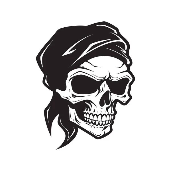 Crâne Portant Bandana Logo Concept Noir Blanc Illustration Dessinée Main — Image vectorielle