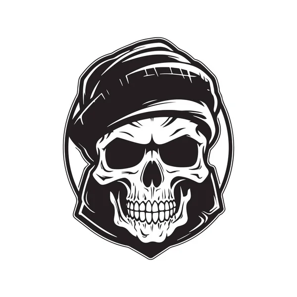Crâne Portant Bandana Logo Concept Noir Blanc Illustration Dessinée Main — Image vectorielle