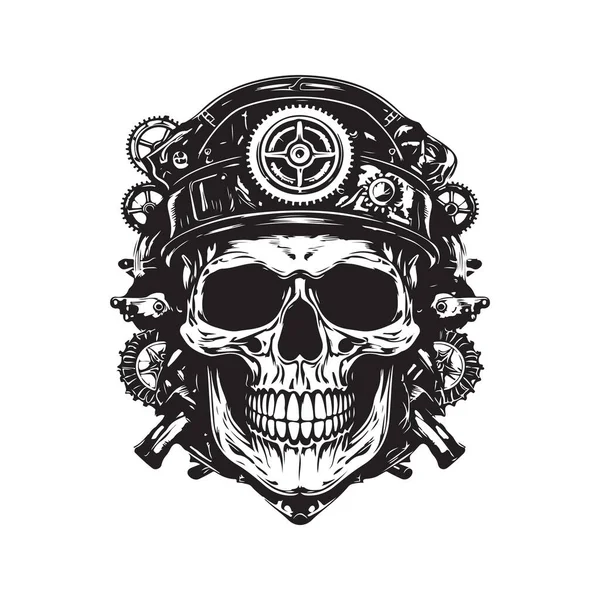 Steampunk Kafatası Logo Konsepti Siyah Beyaz Renk Çizimi Illüstrasyon — Stok Vektör